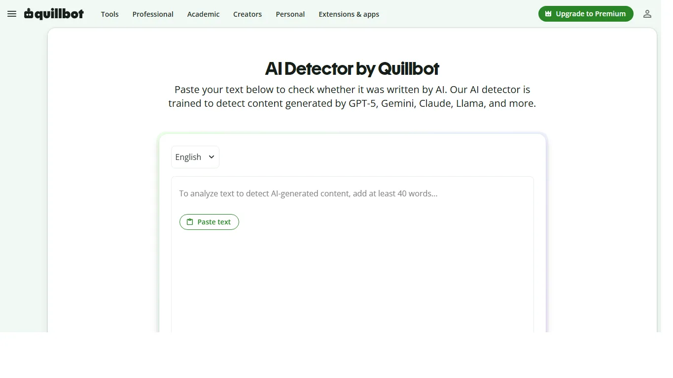 Captura de pantalla de QuillBot AI Detector