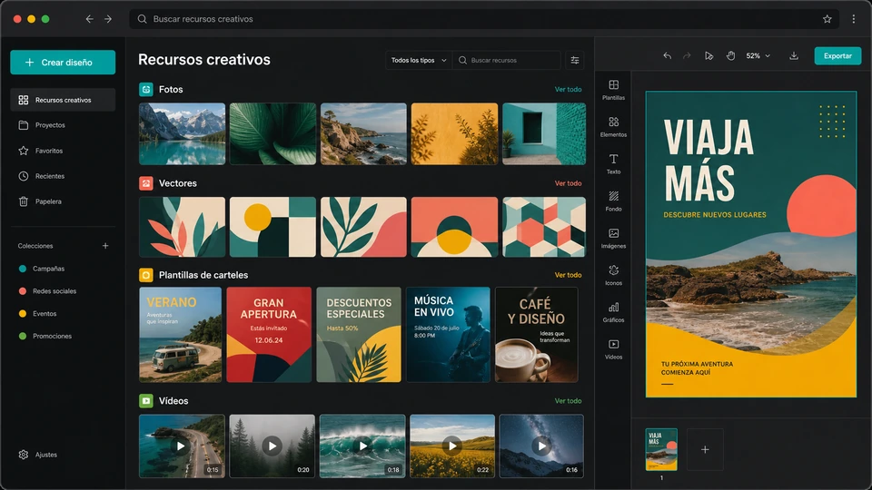 Biblioteca creativa y editor de carteles con IA