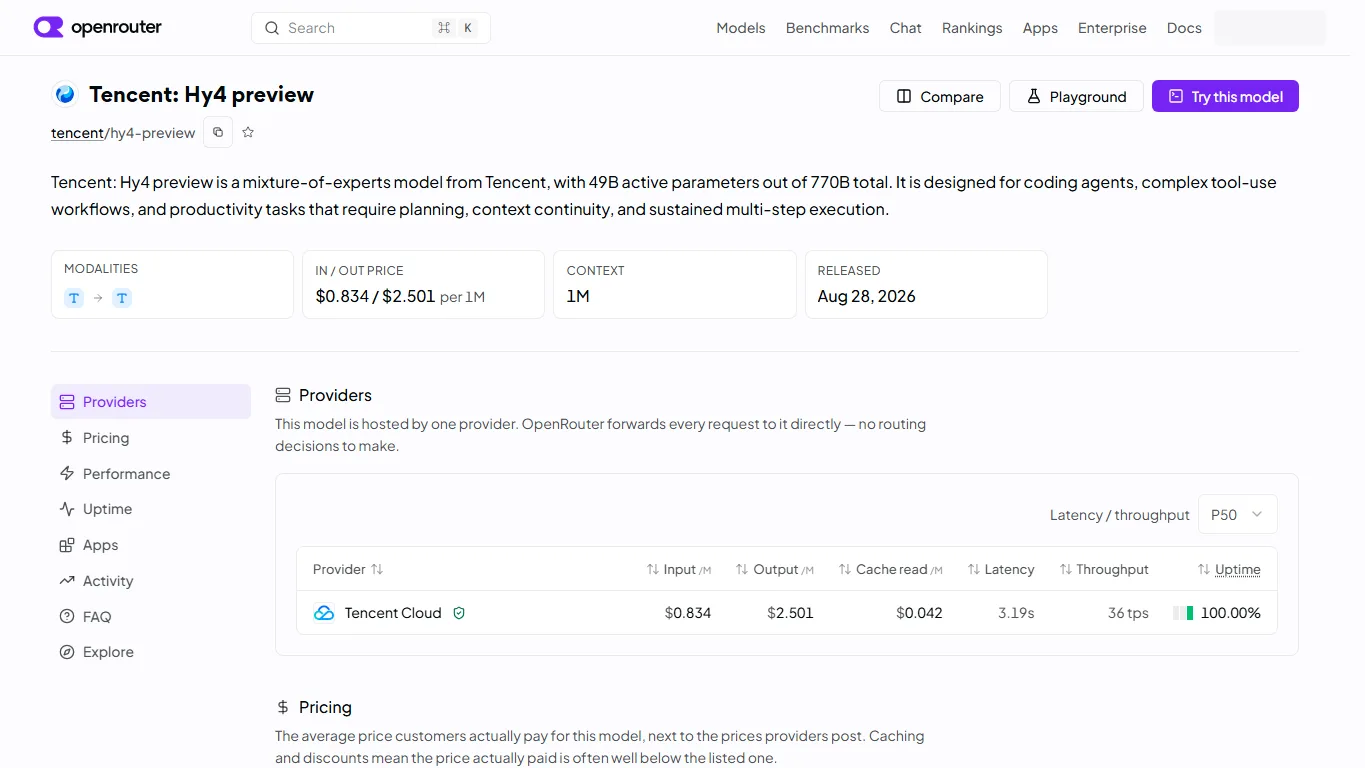 OpenRouter Hy4 preview page screenshot