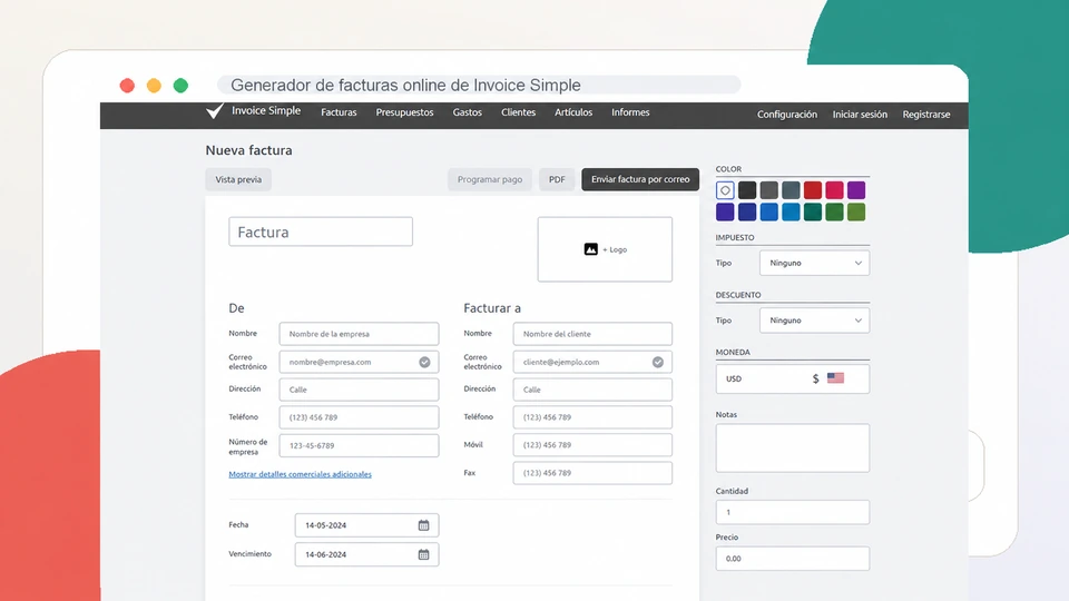 Interfaz en español de Invoice Simple