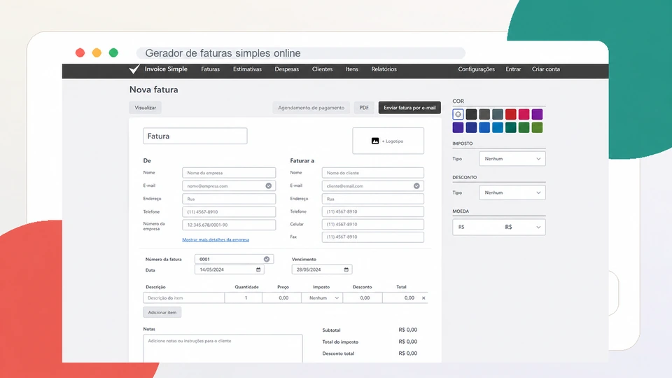 Interface em português do Invoice Simple