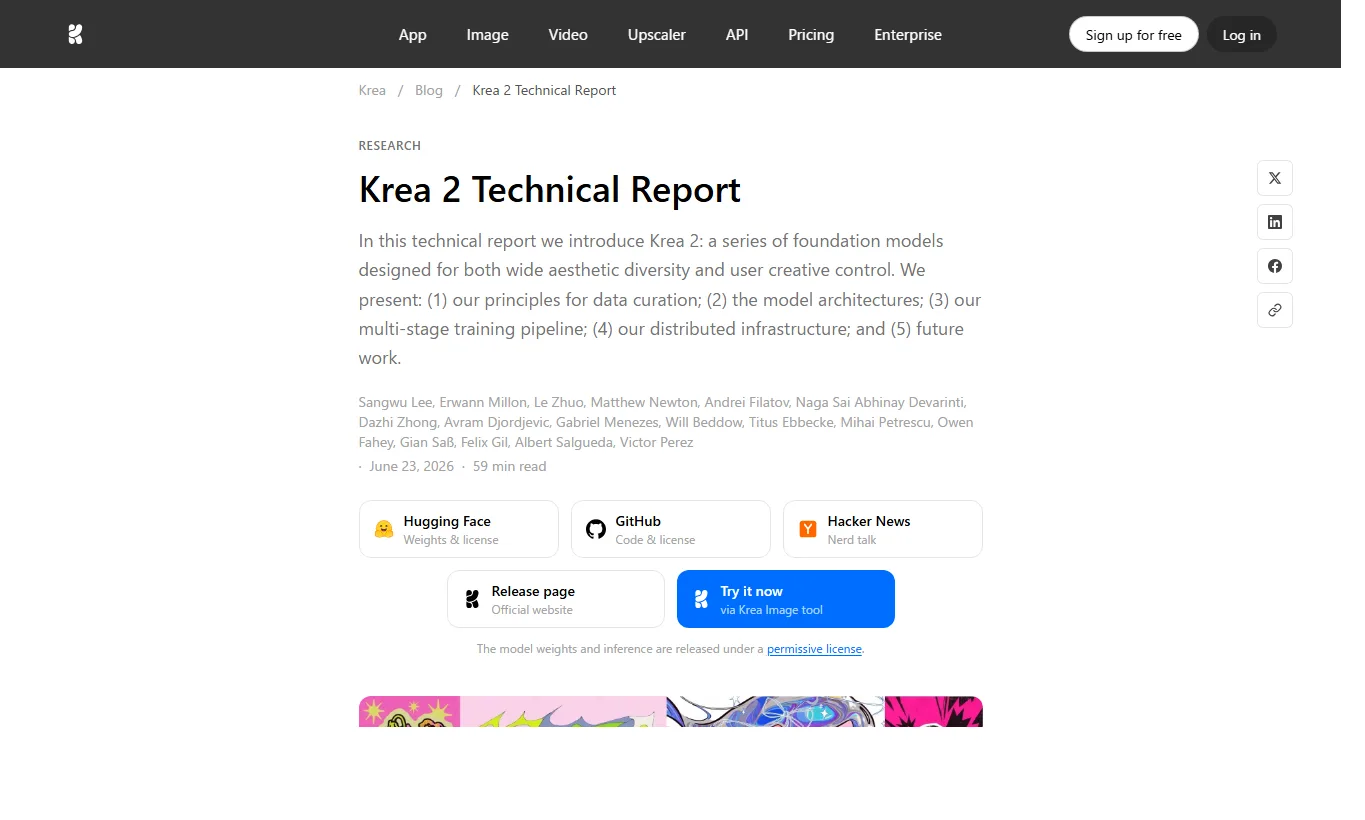 Page officielle de Krea 2 avec exemples visuels et présentation du modèle