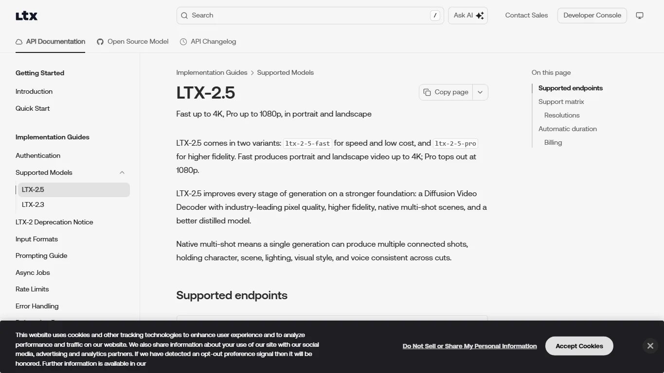 Página de especificações do LTX-2.5 na documentação oficial