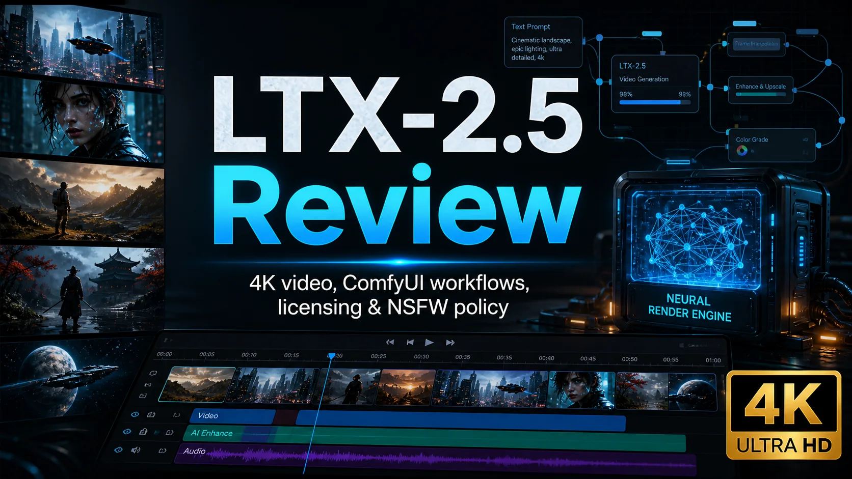 LTX-2.5 review featured image with 4K AI video and ComfyUI workflow visuals