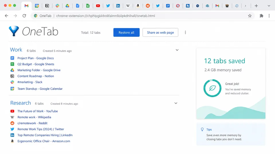 OneTab Chrome extension
