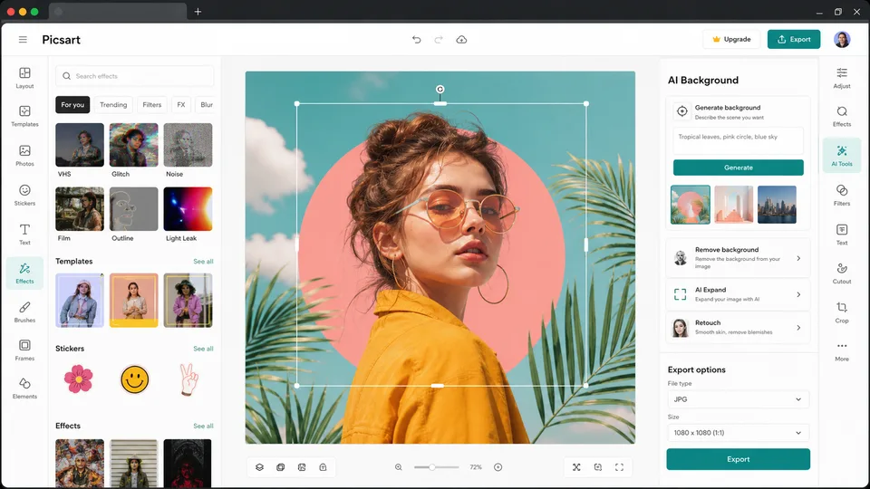 Picsart AI image editor interface