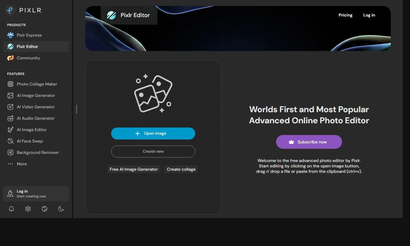 Pixlr AI 圖片編輯器英文頁面