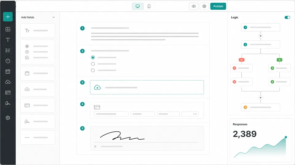Tally-style online form builder with conditional logic and response analytics