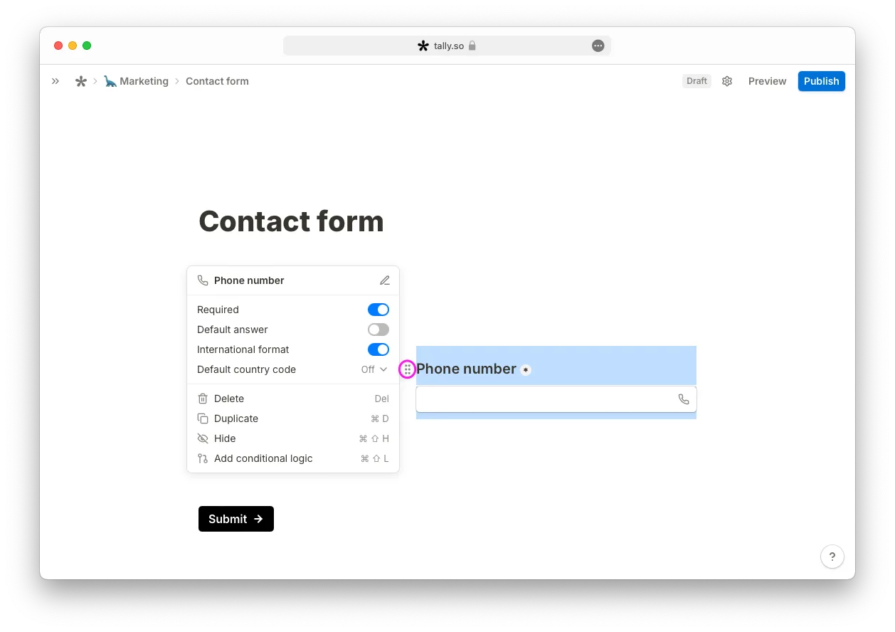 Editor de formularios Tally