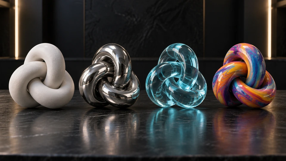 The same 3D form rendered with different materials textures and colors