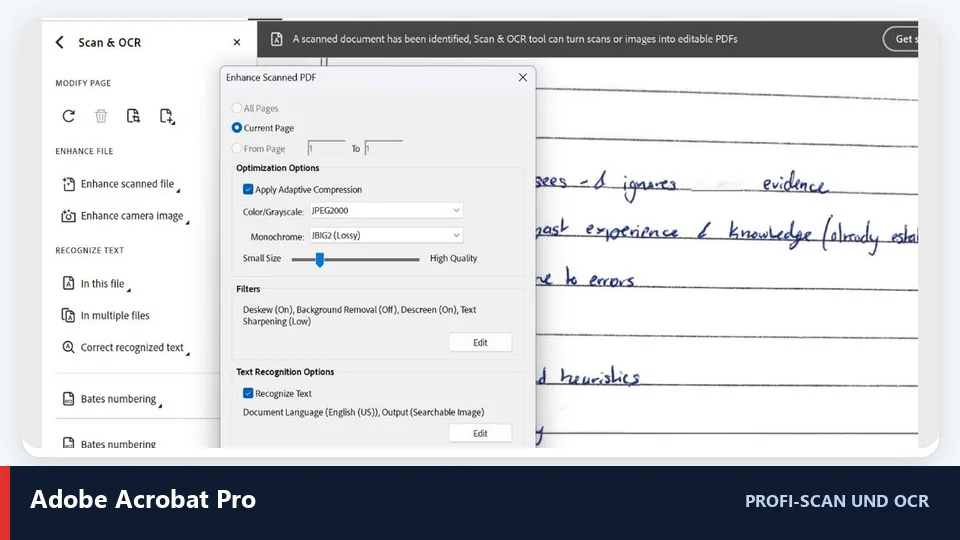Adobe Acrobat Pro Scannen Sie PDF verbessern und OCR-Einstellungen