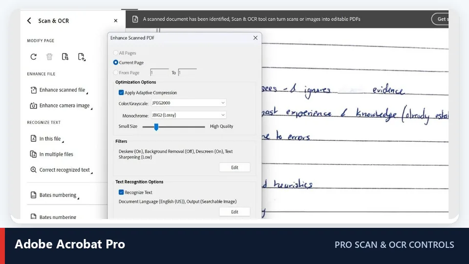 Adobe Acrobat Pro Enhance Scanned PDF and OCR settings