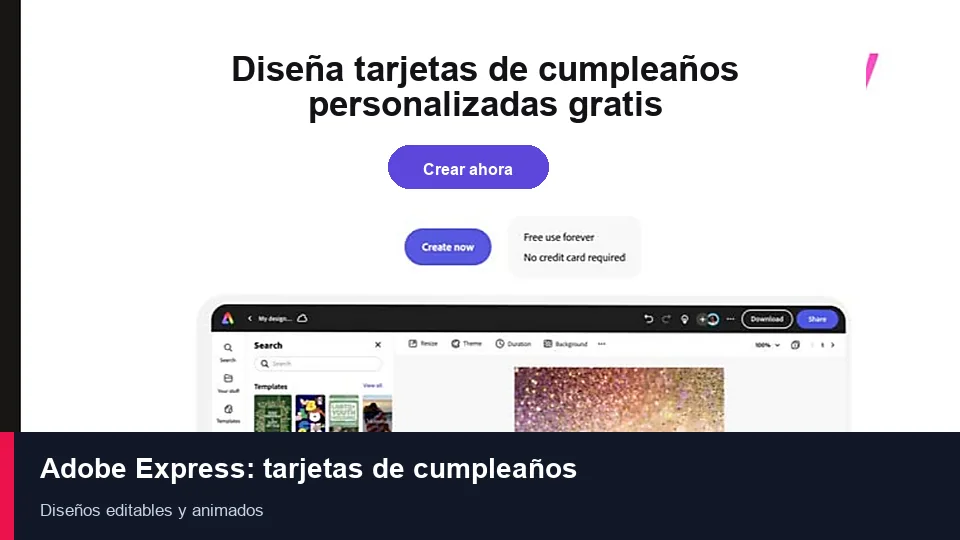Interfaz de Adobe Express con un diseño de tarjeta de cumpleaños editable