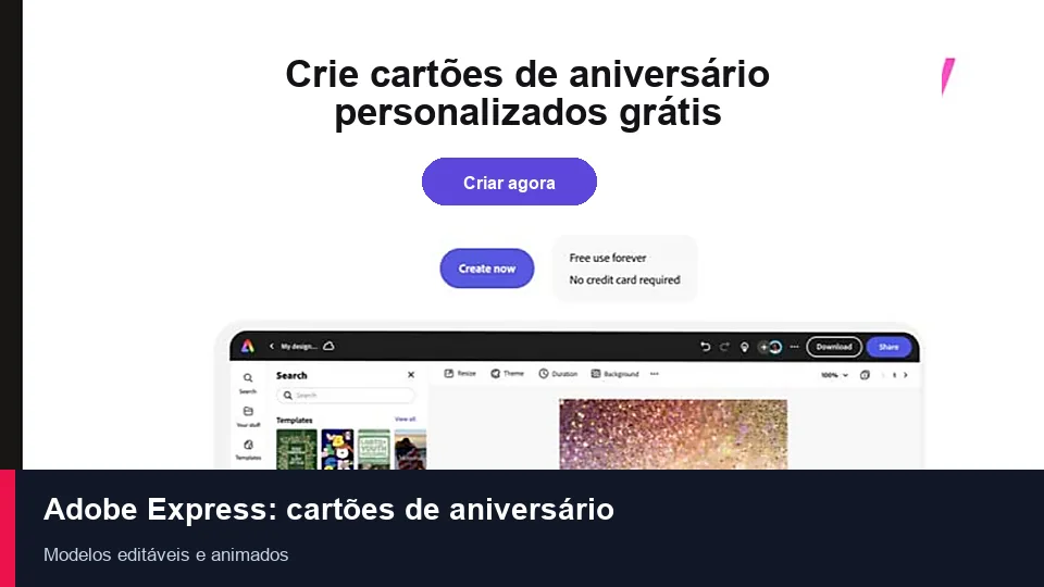 Interface do Adobe Express com um cartão de aniversário editável