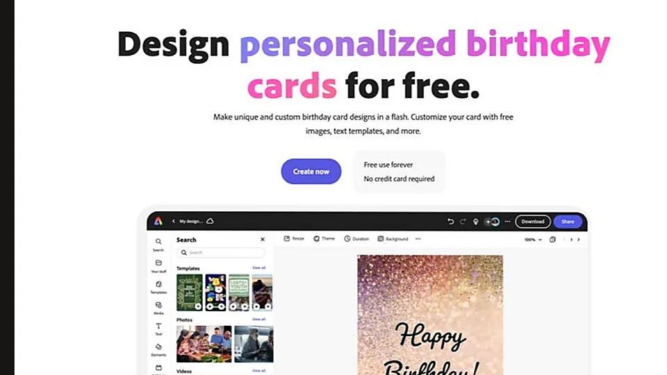 Adobe Express birthday card maker interface with an editable Happy Birthday design