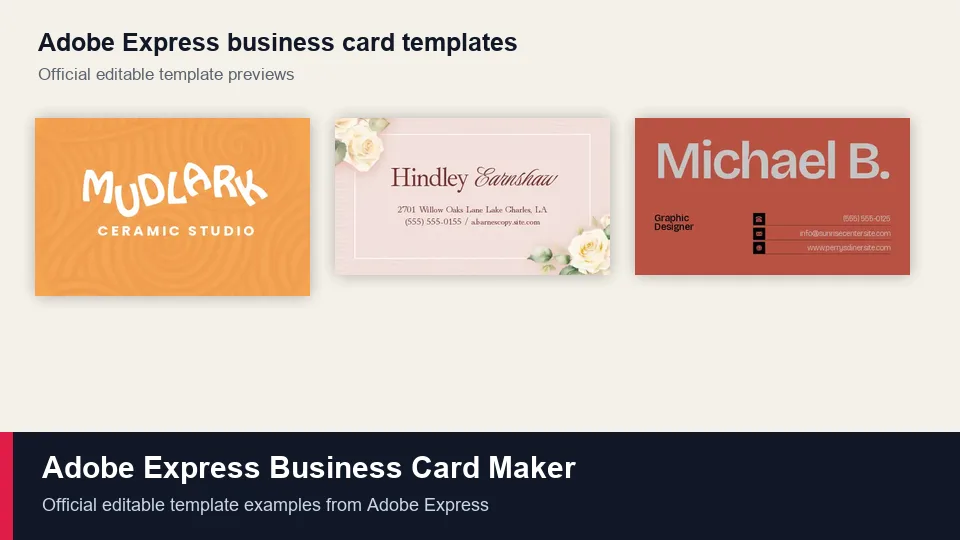 Official Adobe Express editable business card template previews