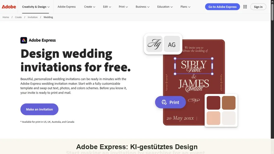 Adobe Express Hochzeitseinladungsersteller und bearbeitbare Kartenvorschau