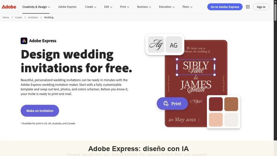 Creador de invitaciones de boda Adobe Express y vista previa de tarjeta editable