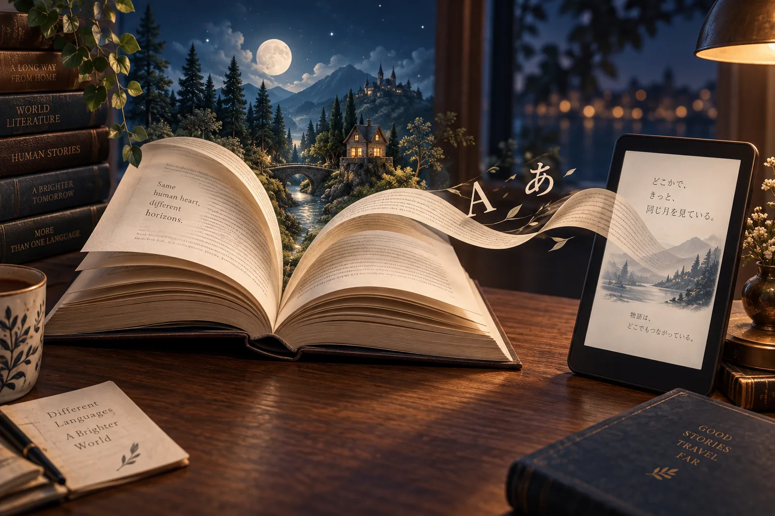 An open novel connected to an ereader by a bridge of pages