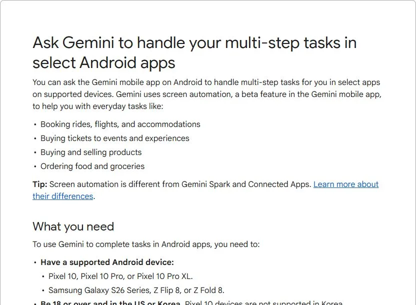 Google documentation explaining Gemini screen automation and supported Android devices