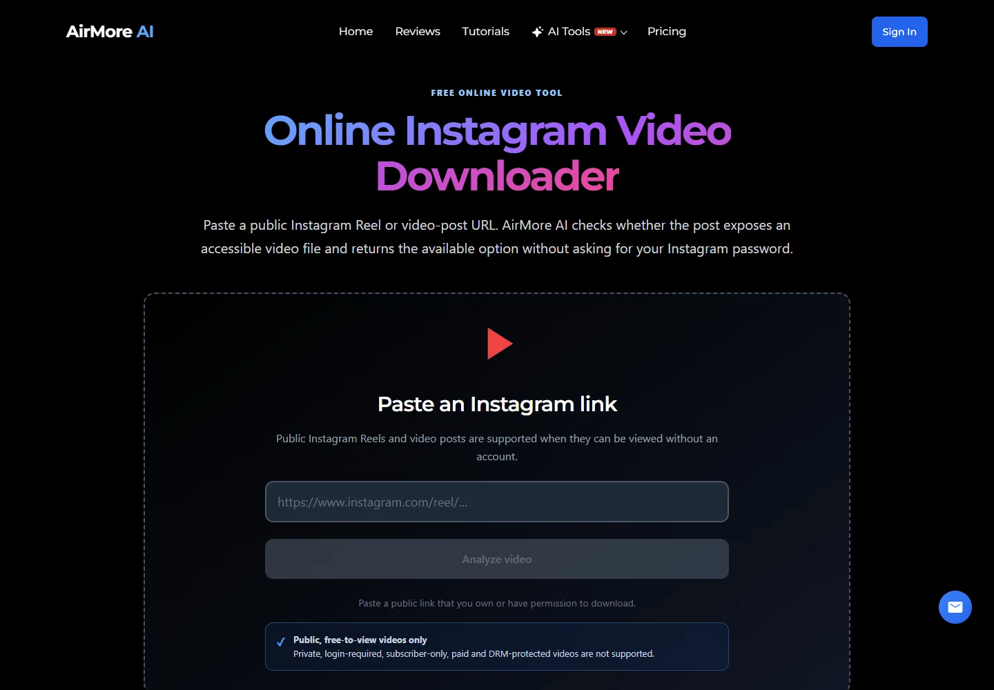 AirMore Instagram video downloader: public post link input and Analyze video button