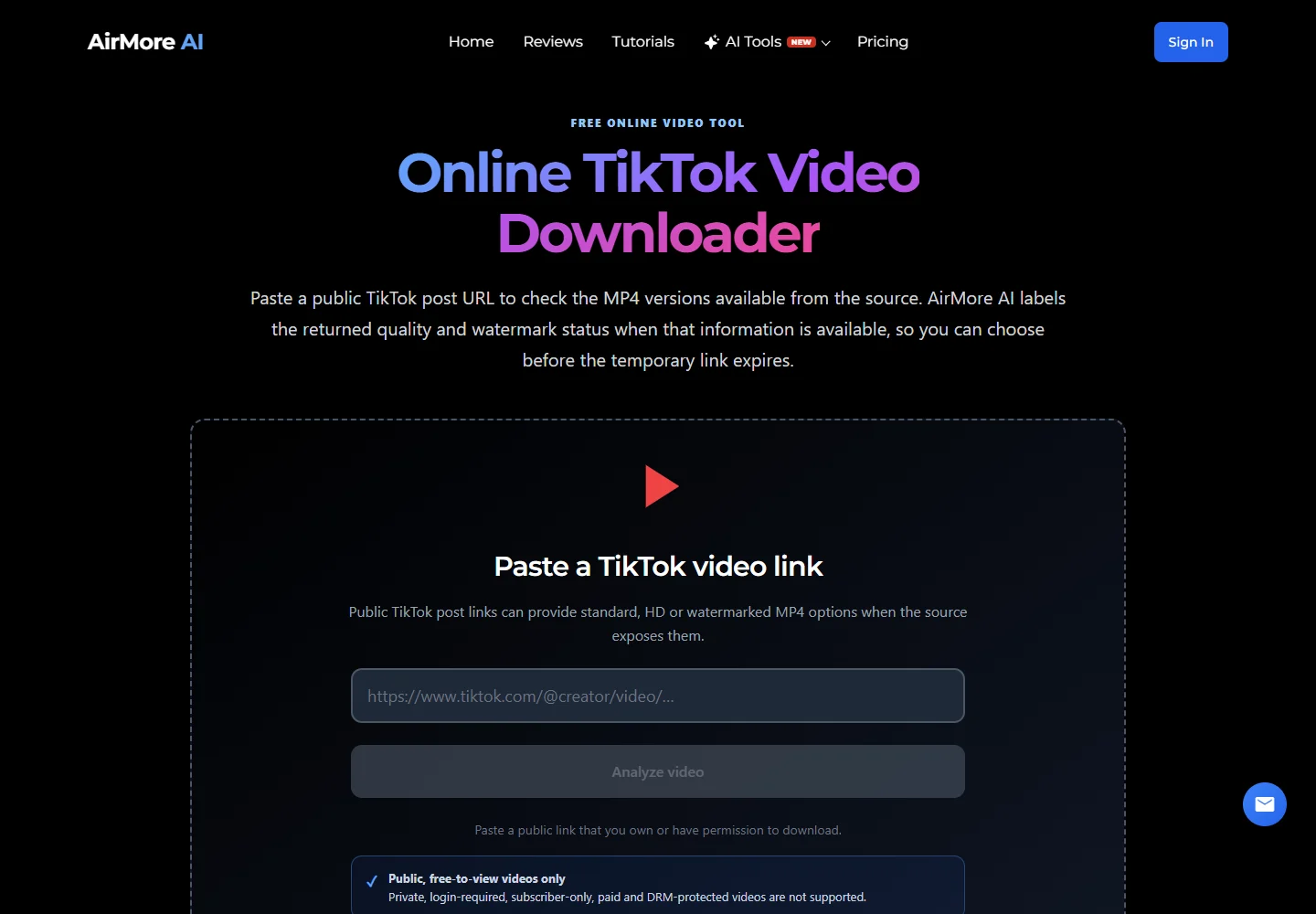 AirMore TikTok video downloader: public post link input and Analyze video button