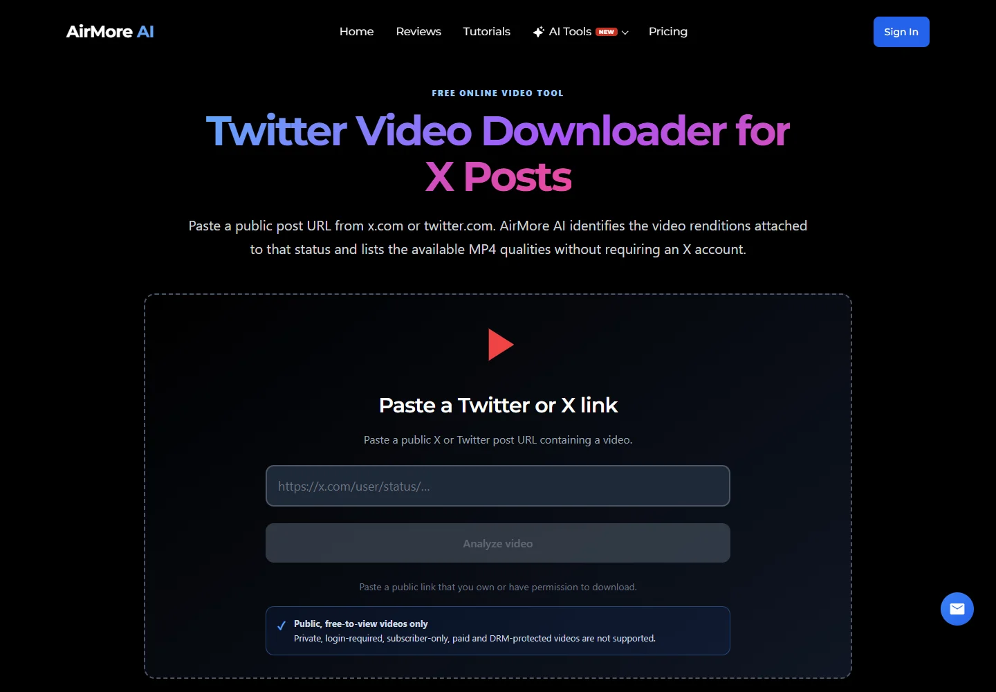 AirMore X (Twitter) video downloader: public post link input and Analyze video button