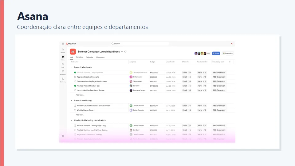 Interface do Asana para coordenação de projetos