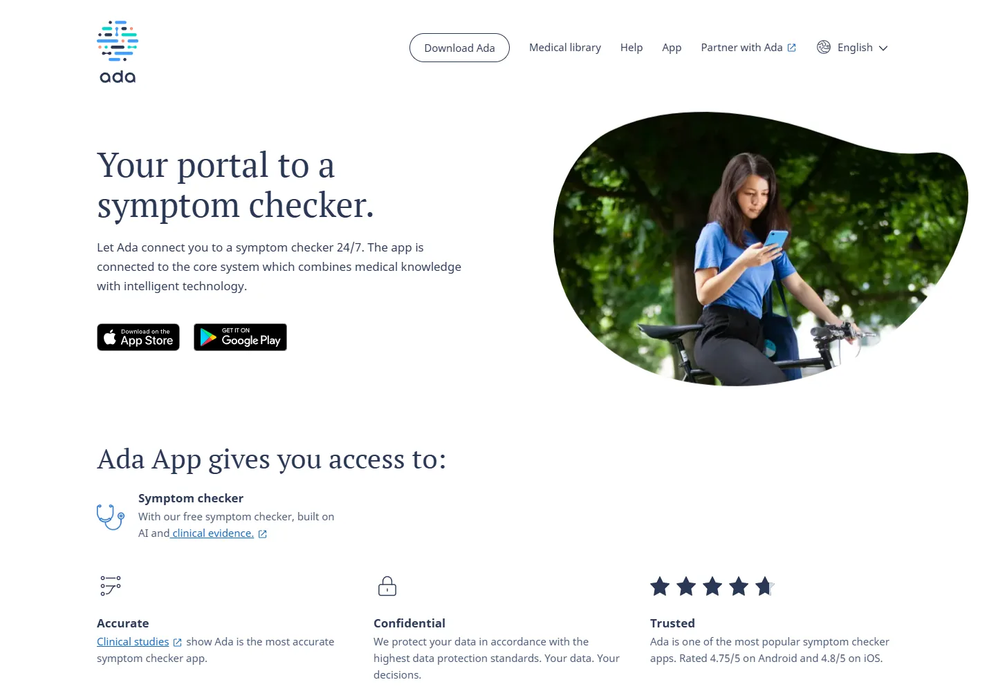 Ada official app page and symptom assessment download links