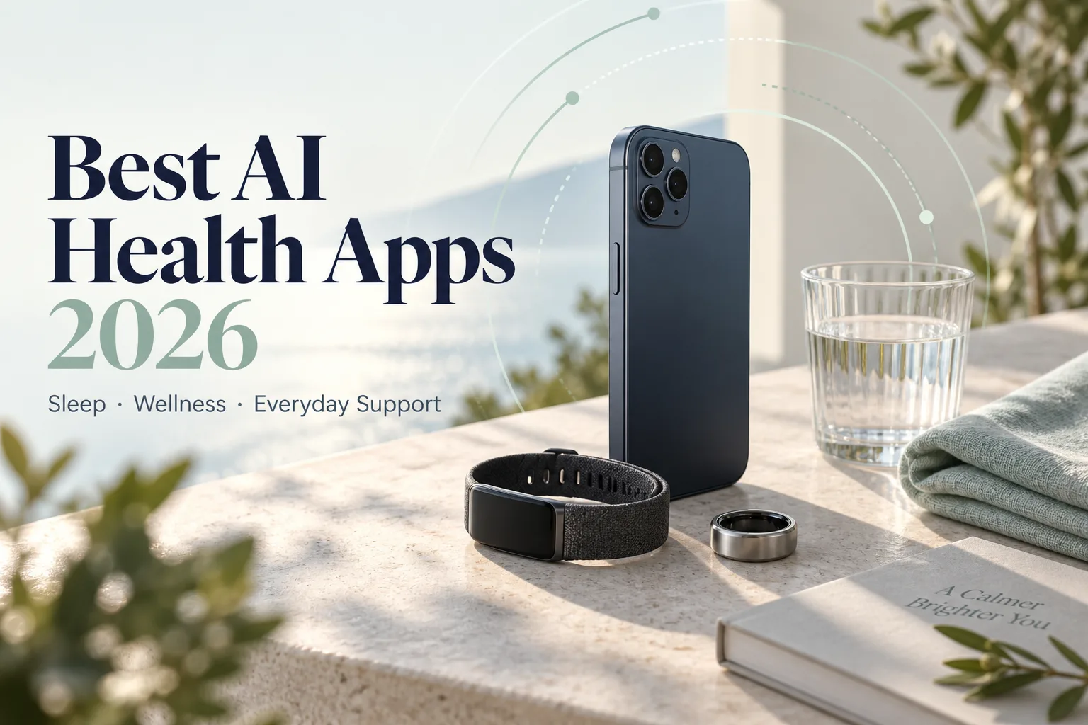 Best AI Health Apps in 2026 — editorial illustration of a phone, fitness band and smart ring