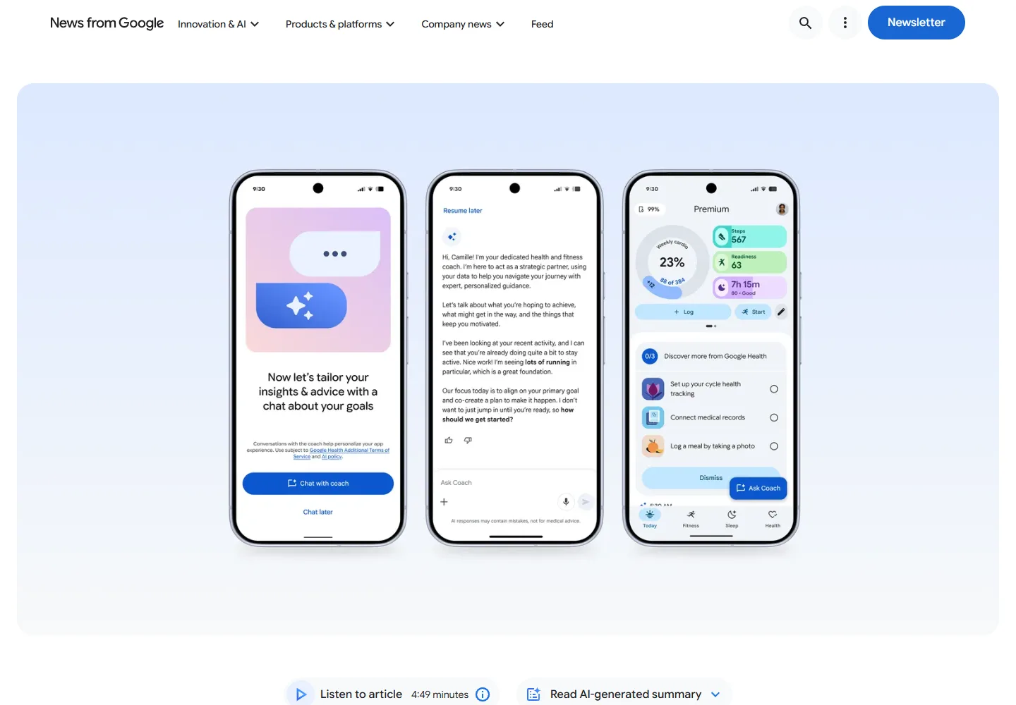 Google Health Coach introduction and official app screens