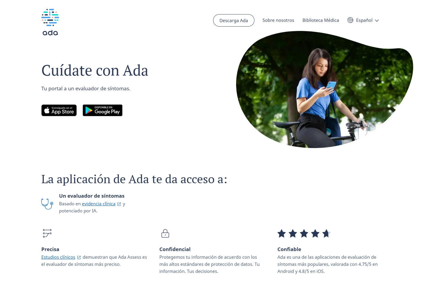 Página oficial de Ada y su evaluación de síntomas