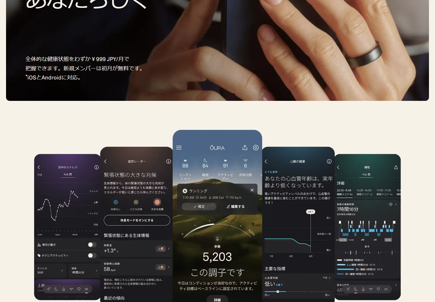 Ouraの日本語公式ページに掲載された睡眠・活動・健康データの画面