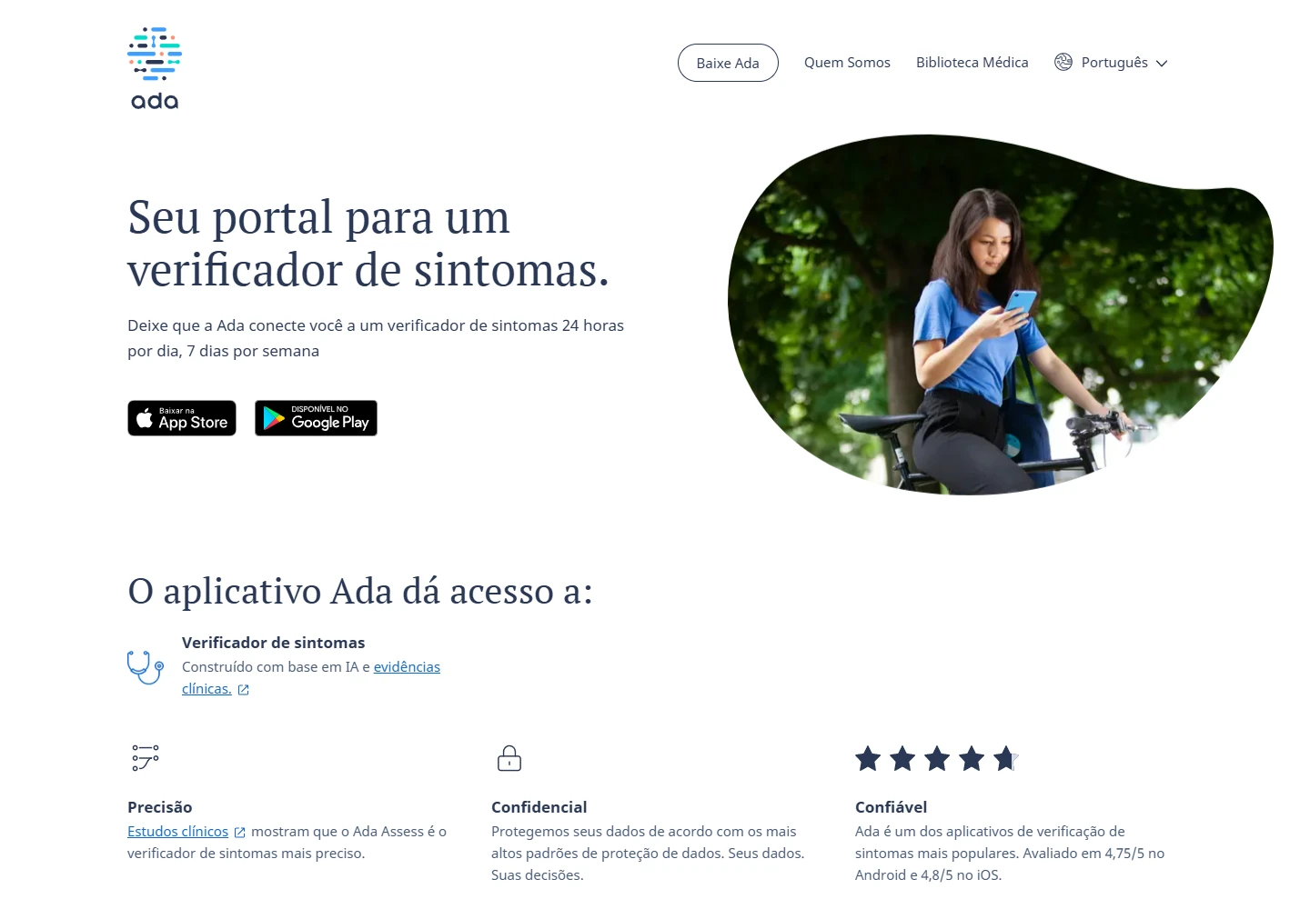 Página oficial do Ada e avaliação de sintomas