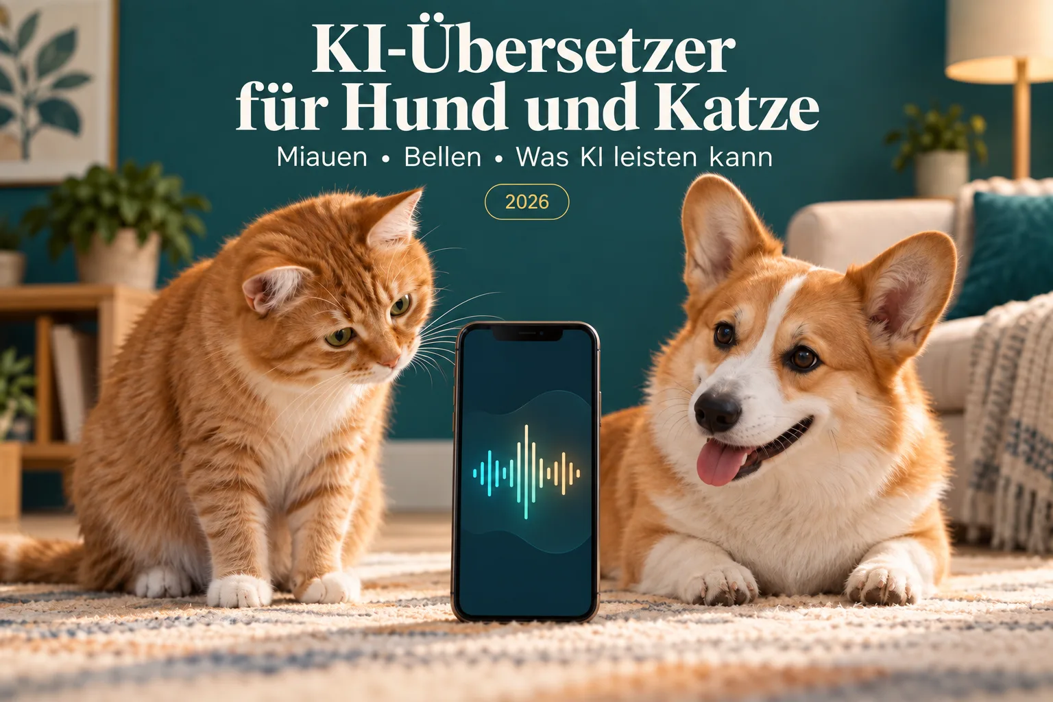 KI-generierte Illustration mit Katze, Hund und Smartphone zum Vergleich von Tierübersetzer-Apps