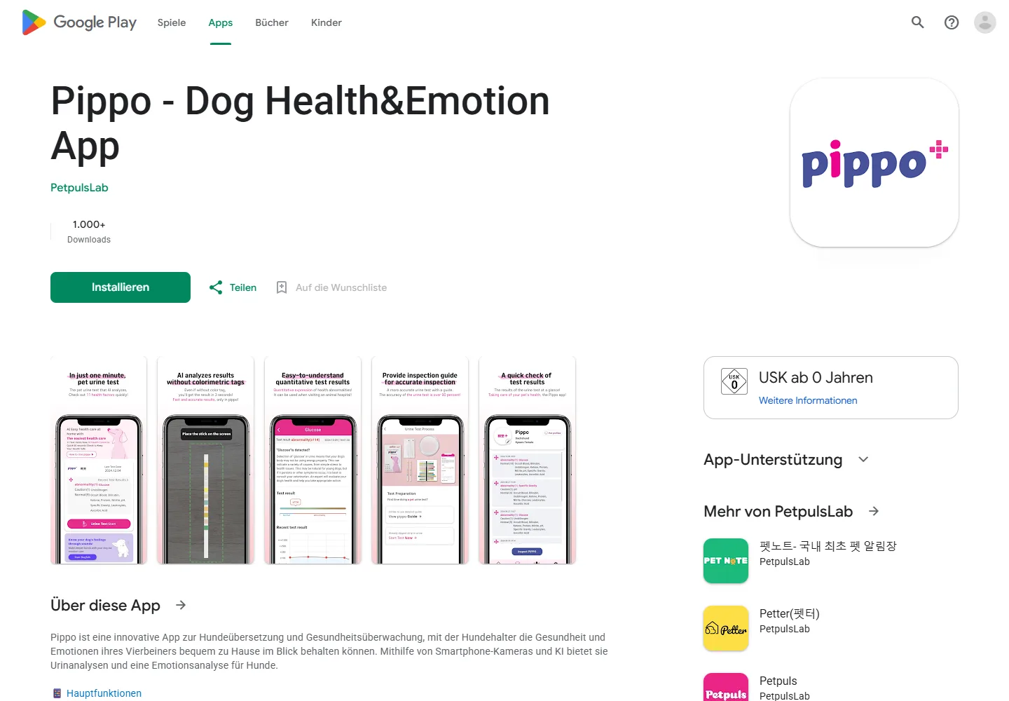 Deutsche Google-Play-Seite von Pippo zur Einordnung von Hundeemotionen