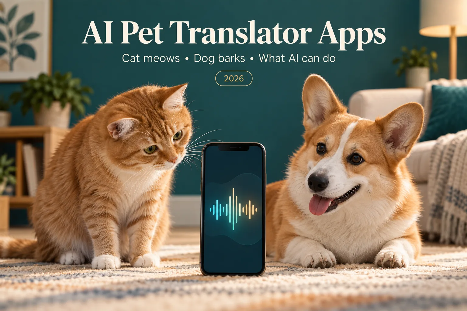 AI-generated illustration of a cat, dog and phone for an AI pet translator app comparison