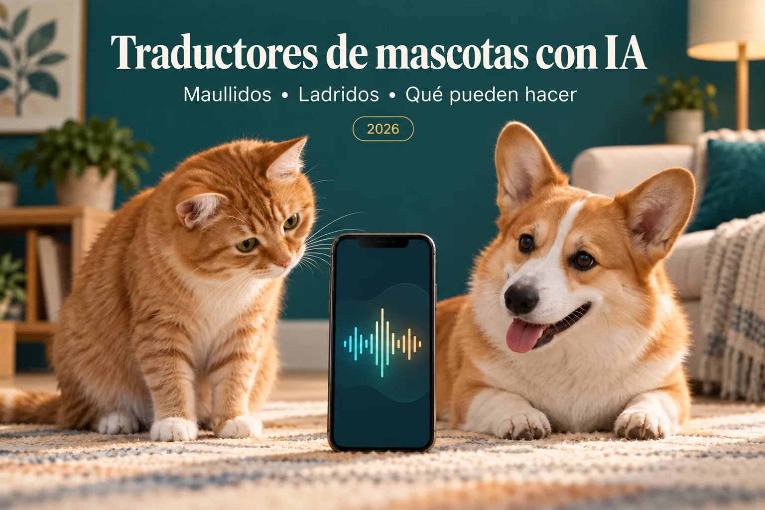 Ilustración generada con IA de un gato, un perro y un móvil para comparar traductores de mascotas