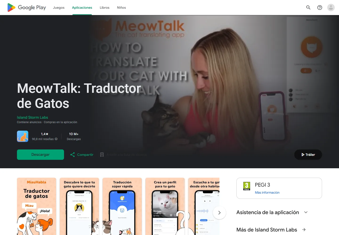 Ficha de MeowTalk Cat Translator en Google Play en español