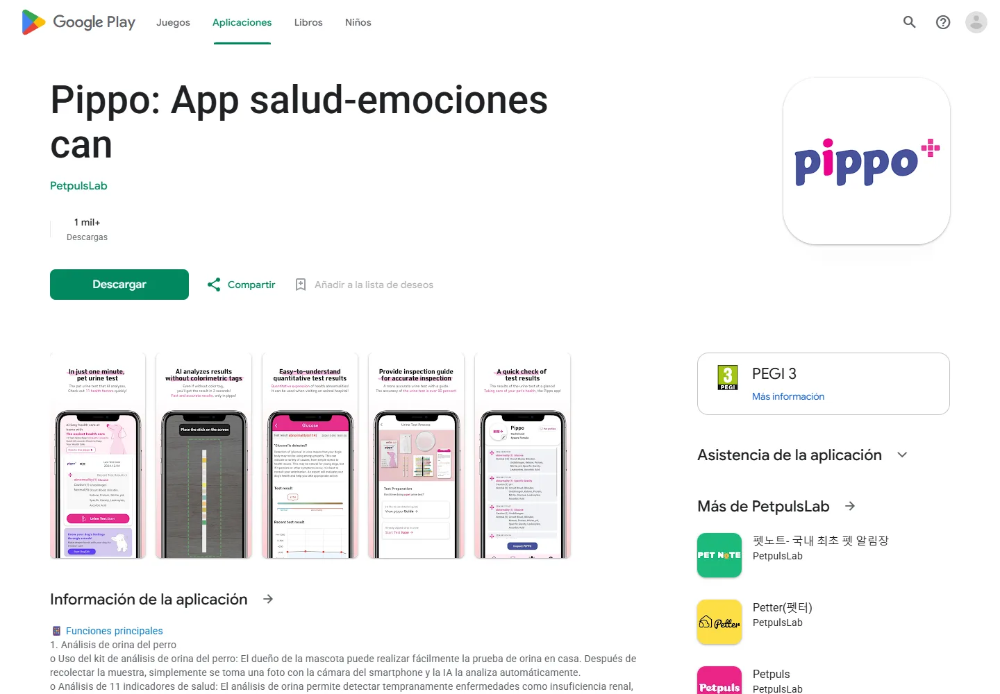 Ficha de Pippo para explorar emociones caninas en Google Play en español