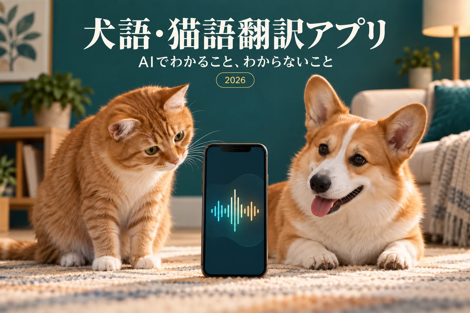 猫と犬、音声波形を表示したスマートフォンを描いたAI生成のイメージ画像