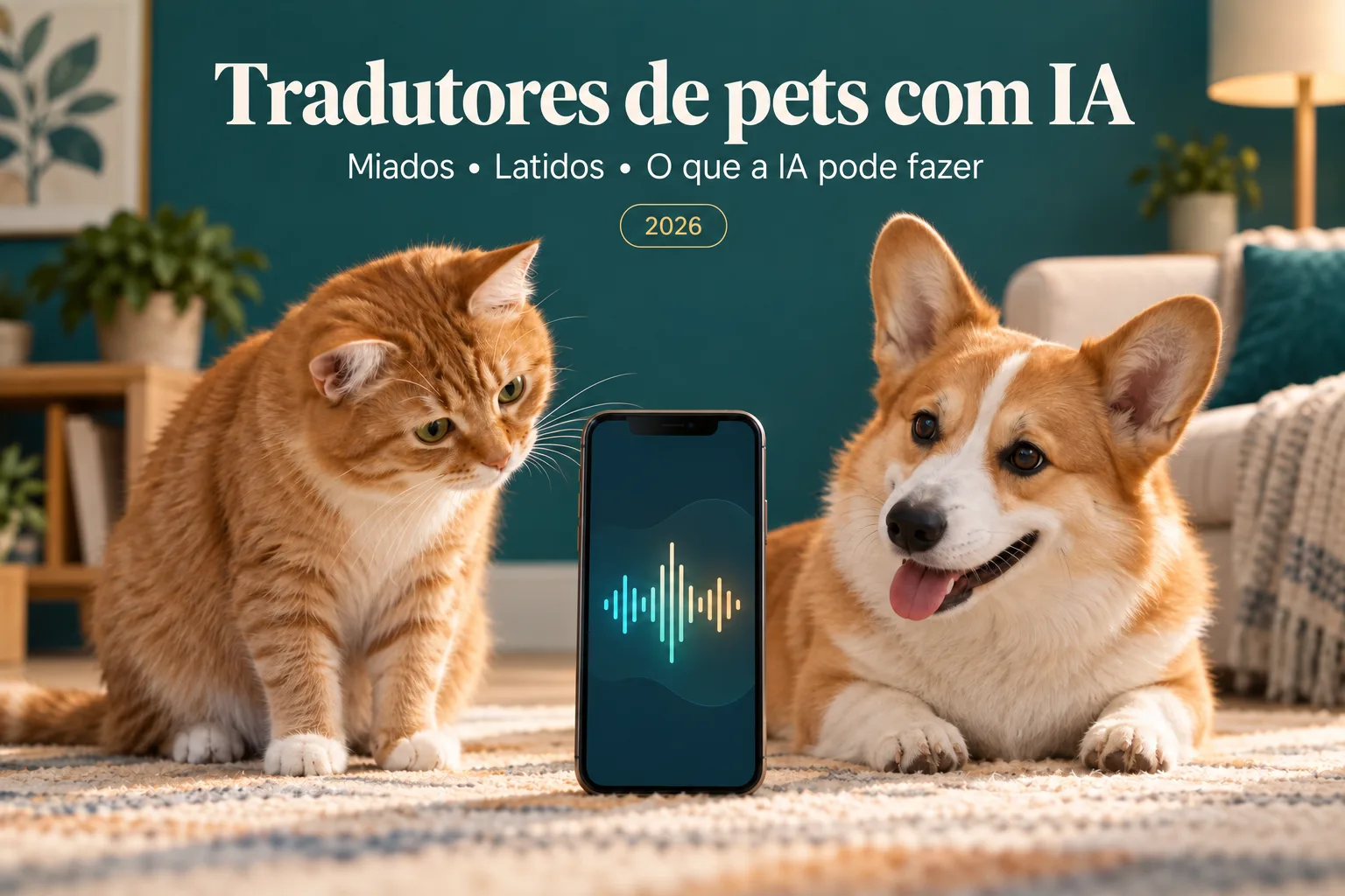 Ilustração gerada por IA de um gato, um cão e um celular para comparar tradutores de pets