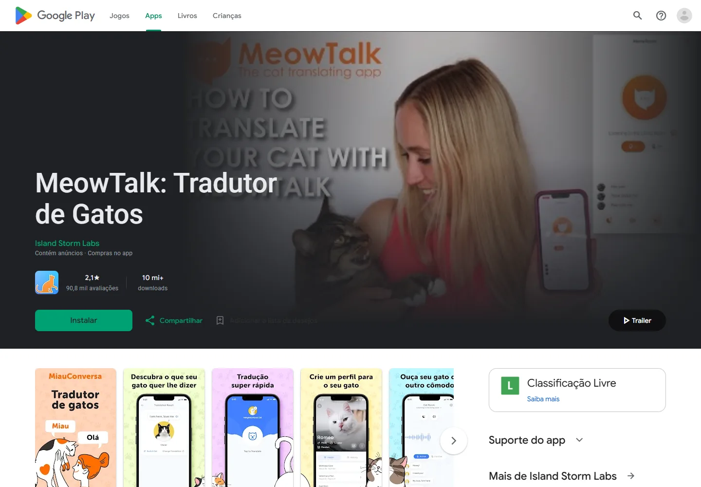 Página do MeowTalk Cat Translator no Google Play em português