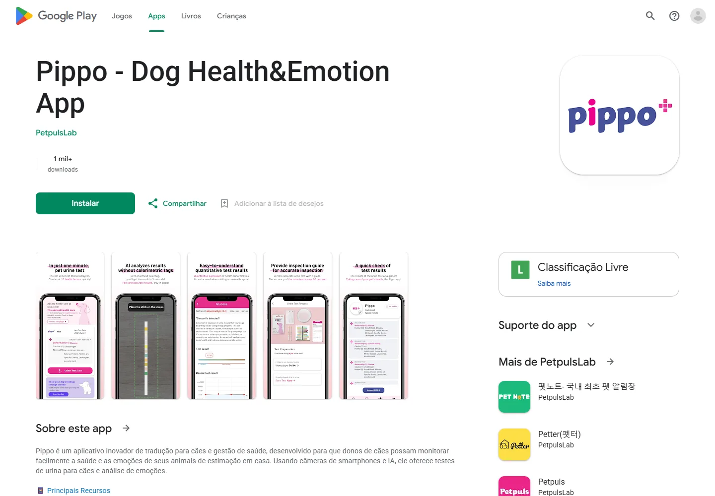 Página do Pippo para explorar emoções caninas no Google Play em português