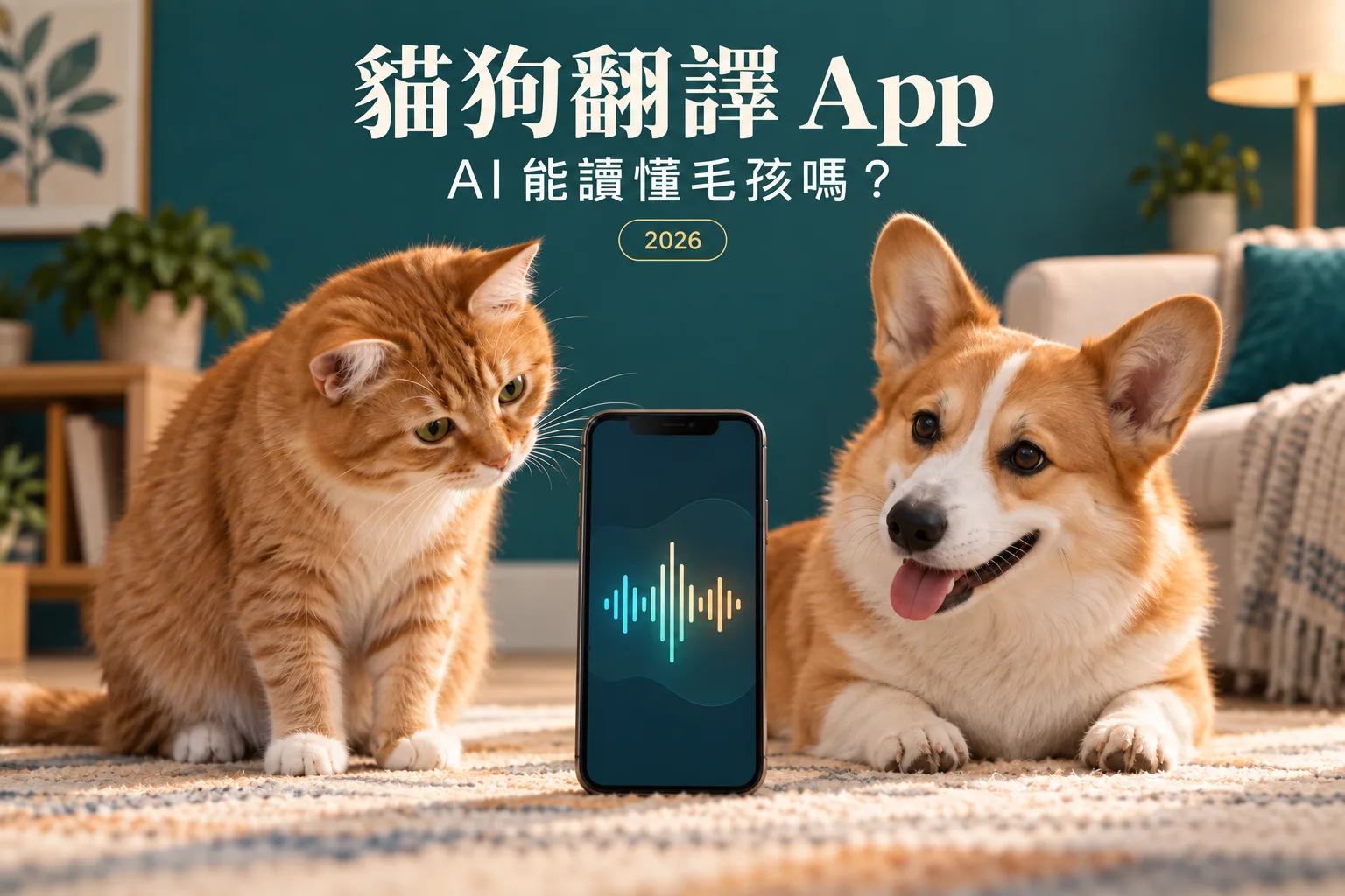 AI 生成的貓狗與手機插畫，介紹寵物翻譯 App 的能力和限制