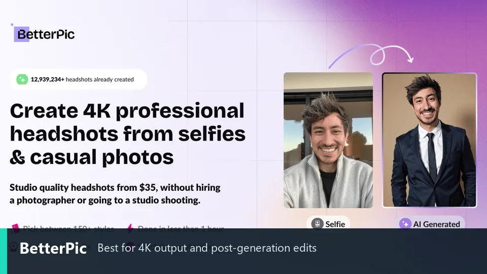 Official BetterPic page showing a selfie transformed into a 4K professional headshot