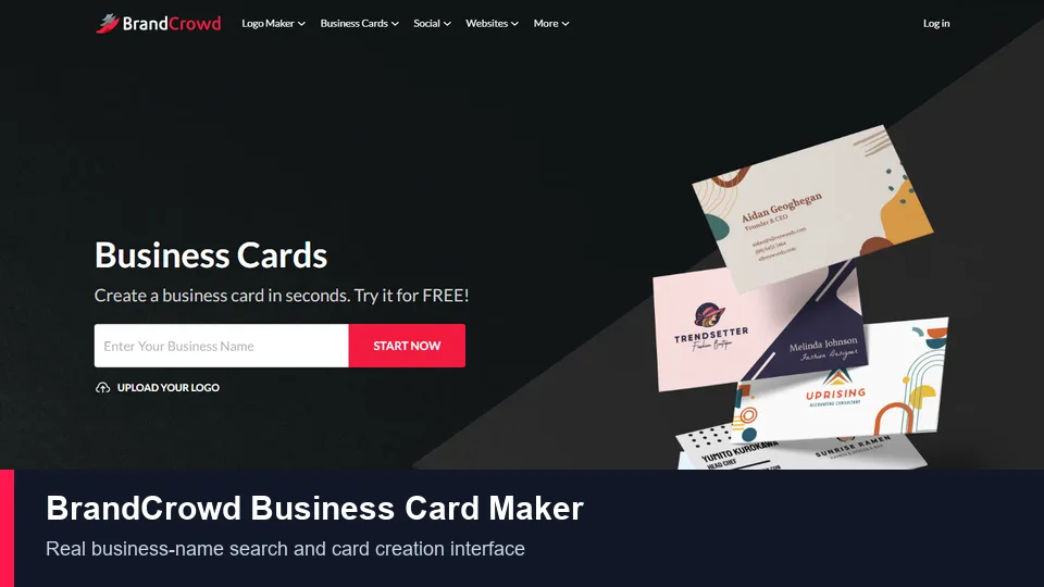 BrandCrowd Business Card Maker business name search and card creation interface