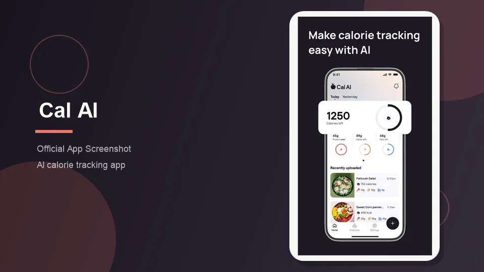 Panel de control de Cal AI con calorías y comidas subidas recientemente
