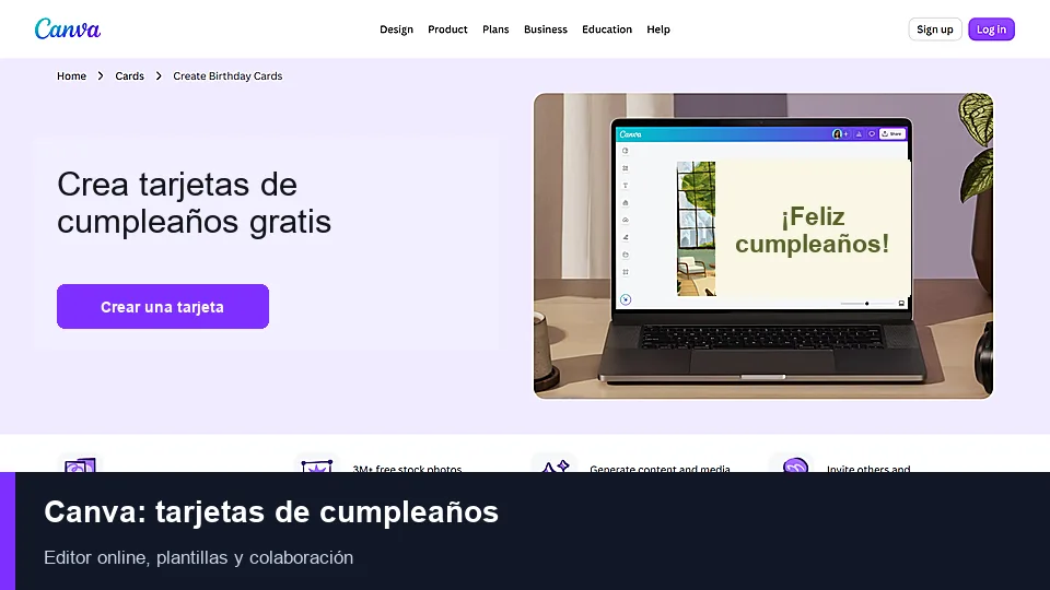 Página del creador de tarjetas de cumpleaños de Canva con un diseño abierto en el editor online