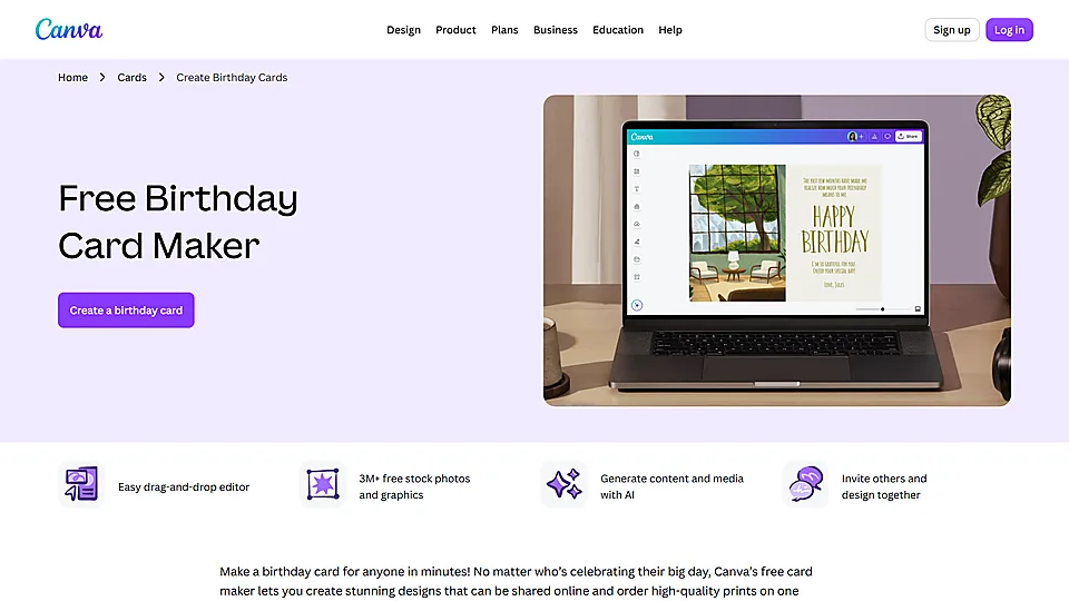 Canva birthday card maker page showing a birthday card design in the online editor